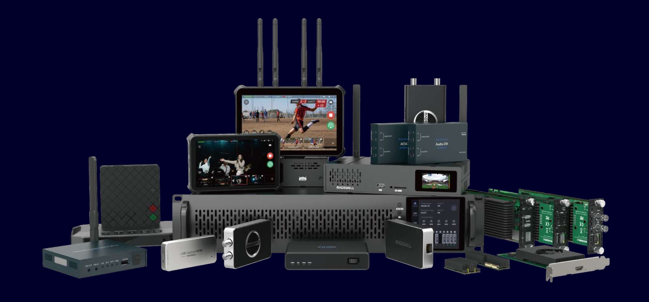 The complete Magewell product range — capture cards, encoders, decoders, NDI converters, Director switchers and Modator rackmount