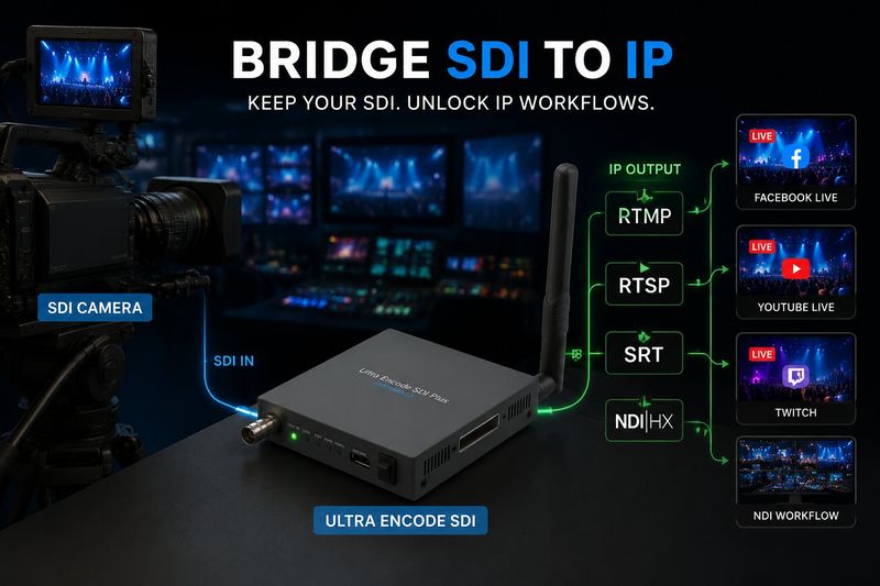 Ultra Encode SDI Plus workflow — SDI camera to RTMP, RTSP, SRT and NDI HX streaming