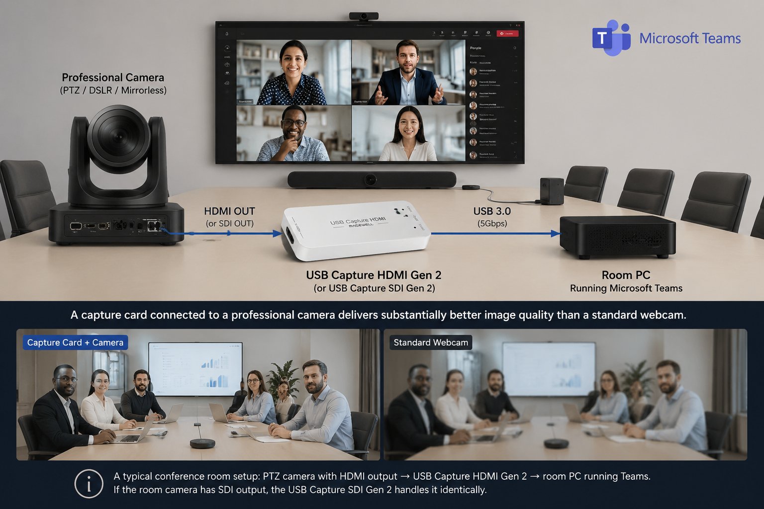 USB Capture HDMI Gen 2 — PTZ camera into Teams conference room