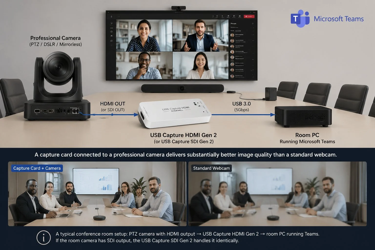 USB Capture HDMI Gen 2 — PTZ camera into Teams conference room
